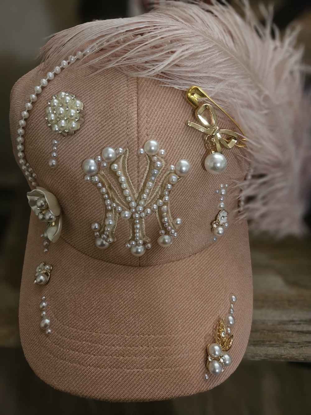 Embellished Pearl NY Baseball Cap - Blush Pink
